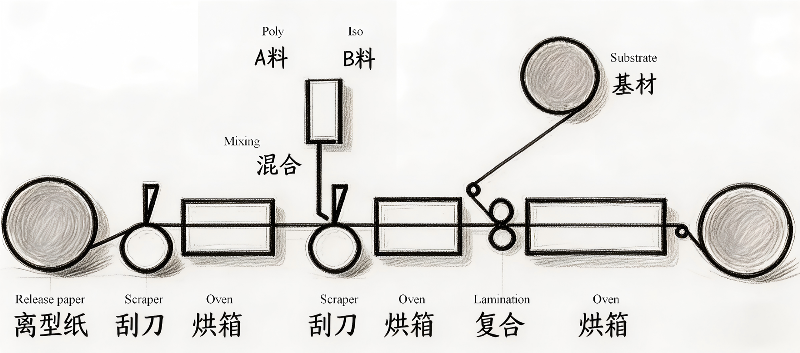 Solvent-free PU 3-coat 3-bake standard production line flow