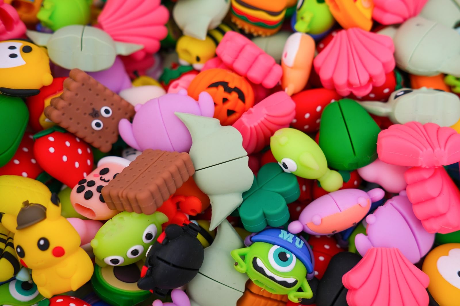 Vibrant assortment of colorful toys featuring various shapes and designs, perfect for children's play.